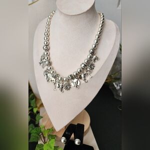 Silver Bead Neacklece with Elephant Charms Pendant and Earrings Set